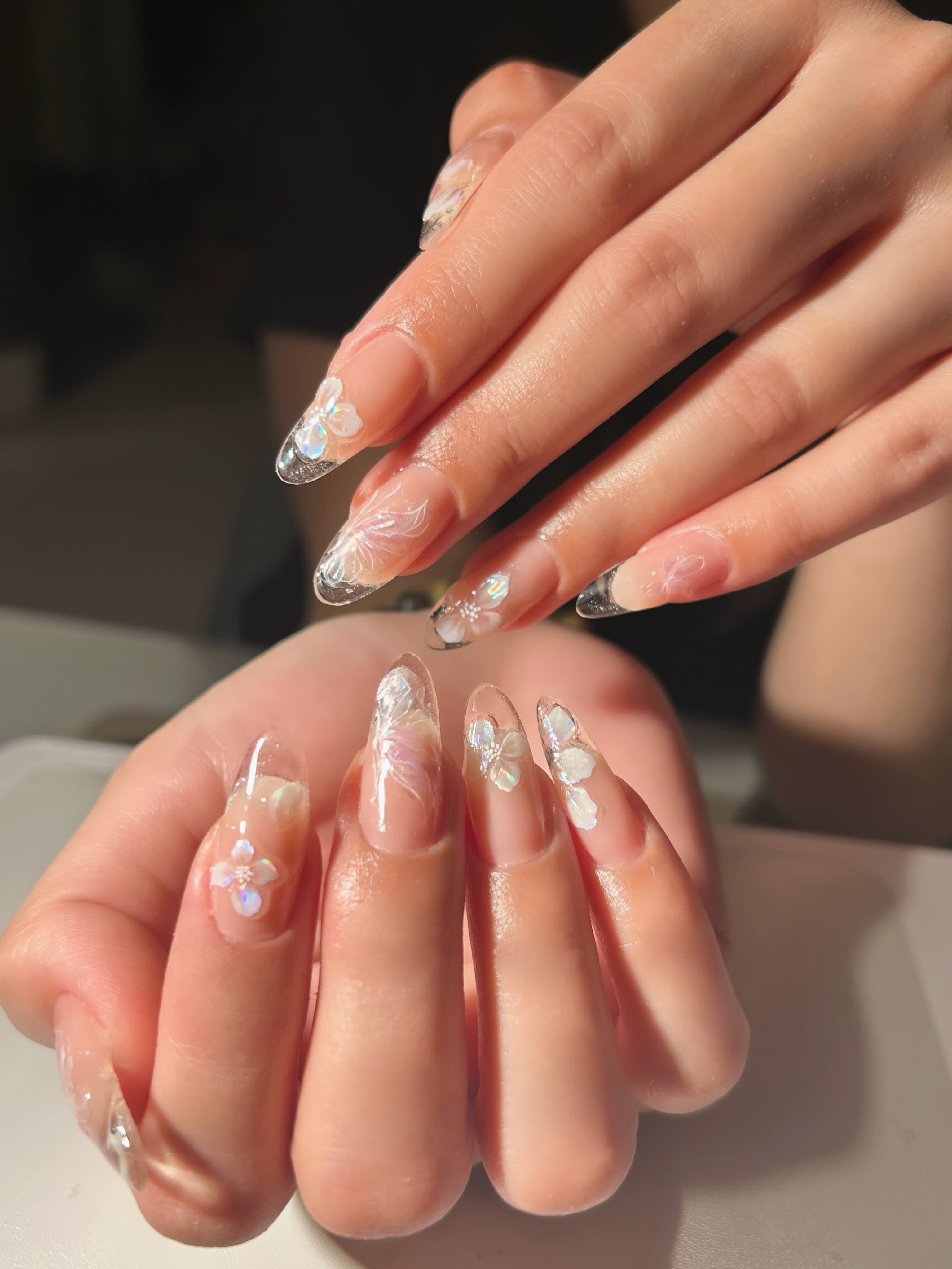 GiGi Nails Vantaa — floral crystal shimmer gel nails